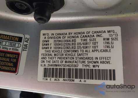 2014 Honda Cr-V Ex-L z USA, uszkodzony, nr VIN 2HKRM4H75EH635567